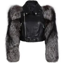 Fursarcar New Fashion äkta läderjacka Motorcykelkvinna Kort Slim Real Leather Jackets Luxury Winter Nature Fur 201016