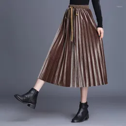 Skirts MEVGO 2022 Autumn Women Pleated Shiny Golden Velvet Solid High Waist Sashes Bandage Long Casual Draped Skirt HD2459