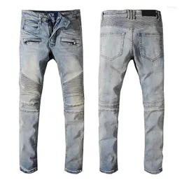 Frankrike Style #1051# Herr Utsmyckade Ribbade Stretch Moto Byxor Old School Washed Biker Blue Jeans Slim Byxor 29-421