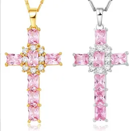 Gold-Silber-Frau mit 18-karätigem Kreuz-Anhänger-Halskette, rosa-weiß, AAA-Kubikzirkon, Modeschmuck