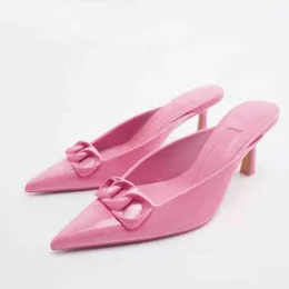 Dress Shoes Temperament Chain Muller Women Spring New Shallow High Heels Sandals Fashion Slingback Lui Slippers Mujer Za 220714