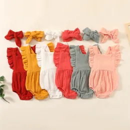 Summer born Infant Baby Girls Romper Headband Muslin Sleeveless Rompers Kids Onepiece Fashion Baby Clothing 220707