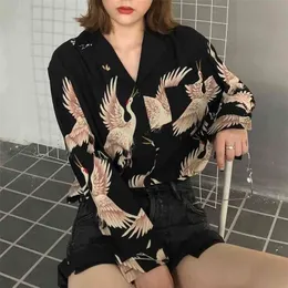 Autumn Spring Women Tops Harajuku Blouse Women Crane Print Long Sleeve Blouses Shirts Female Streetwear 210702