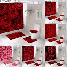 Beautiful Rose Fabric Shower Curtain Red Flowers Bathroom Curtains Pedestal Rug Toilet Lid Cover Non-slip Carpet Bath Mats Rugs 220517