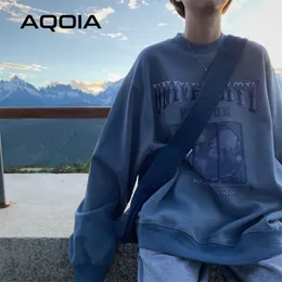 Aqoia Autumn Streetwear Loose Impressão de terra feminina Harajuku Mulheres de tamanho grande Thin Sweatshirt Insolies T200904