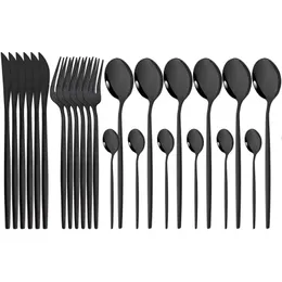 Dijkartikelen sets 24 stks zwarte set spiegel roestvrij staal servies westerse mes vork lepels flatware cutlery keuken silverwaredinnerware