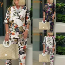 2022 Fall Clothes Linen Sets Women Casual Print Flower Pattern Elastic Waist Two Piece Pants Set Ladies 3xl 4xl