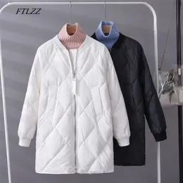 Ftlzz Winter Women White Duck أسفل Parka Ultra Light Zipper Baseball الزي الموحد لأسفل سترة الإناث الطويل الطويل لأسفل Outwear 201127