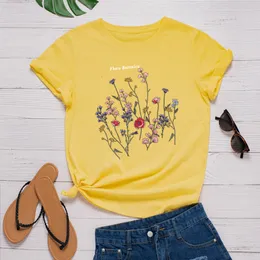 Maglietta da donna Estate 100cotone Camicia Flora Batanica Stampa Sexy T-shirt a maniche corte Moda Giallo Top 230206