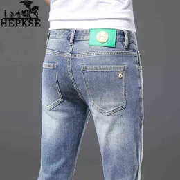 och vårens höstblå jeans herrar av avancerad kvalitet enkla smala raka byxor tunn stretch andningsbar