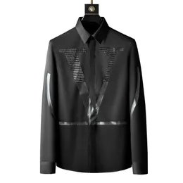 Men's Casual Shirts European High End Drilling Long-sleeve Shirt Man's Big V Designer Slim Non-iron Anti-wrinkle