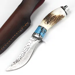 Специальное предложение R7106 Damascus Выживание прямого охотничьего ножа Damascuss стальное капель -точка лопатка рог из стальная ручка с фиксированной ножей лезвия с кожаной оболочкой