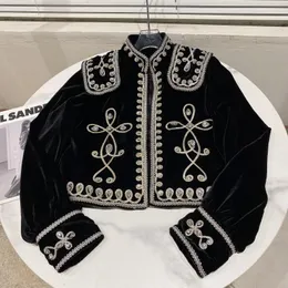 New design women's retro baroque style stand collar long sleeve embroidery floral rhinestone patched luxury velvet fabric jacket coat SML
