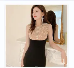 New women's fashion design party dress o-neck sleeveless gauze patchwork beading rhinestone luxury black tunic pencil vestidos SMLXL