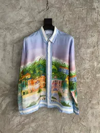 High-end brand fashion designer shirt ~ US size exquisite castle print breathable Silk Material Spring and Autumn Mens luxury long sleeved casual shirt