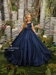 소녀의 드레스 네이비 블루 새틴 플라워 걸 드레스 스페셜 활 보호 a 라인 대회 가운 첫 커뮤니케이션 드레스 걸어