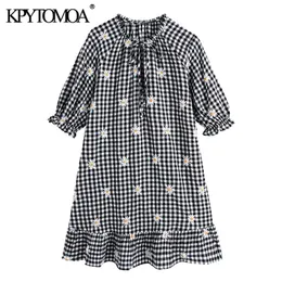 Kvinnor Sweet Fashion Floral Embroidery Ruffled Mini Dress Vintage Bund O Neck Puff Sleeve Kvinnliga klänningar Vestidos 220526