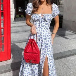 Women Floral Print Long Dress Summer Puff Sleeve Square Neck Tie Front High Split Ruched Drawstring Chic es Vestidos 220613