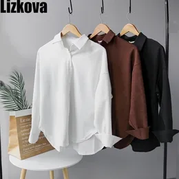 Lizkova White Corduroy القميص الرسمي للمرأة طويلة الأكمام الرسمية للسيدات قمم كبيرة الحجم 8876 210326