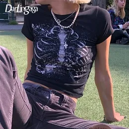 Darlingaga Mall Goth Skeleton Print Dark T-shirt da donna Y2K Bodycon Punk Harajuku Crop Top Abbigliamento gotico Tee Shirt Femme 220407