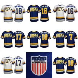 Mitness Hanson Brothers Charlestown Hockey Jersey # 16 Jack # 17 Steve # 18 Jeff 7 Slapshot فيلم الفانيلة أزرق أبيض