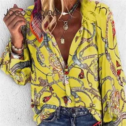 Gömlekler Günlük Bahar Yaz Uzun Kollu Bluz Kadınlar Vintage Zincir Baskı Gevşek Gömlekler Artı Boyut 5xl Üstler Tek Yemeli Tunik 210308