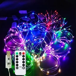 Strings Christmas Fairy Lights USB Fjärrkontroll 5m 10 m 20M LED -vattentät dekorativ koppartråd Halloween Party String Ljussljus