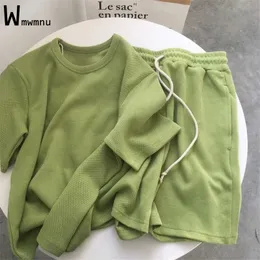 Green Design Basic Sleeve Loose Tops Tracksuit Women Solid Shorts Pant Outfits Summer Conjunto De Dos Piezas De Moda Para Mujer 0621