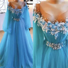 flare sleeve blue prom dresses 3d flowers elegant beaded prom ball gown robe de soiree 2021