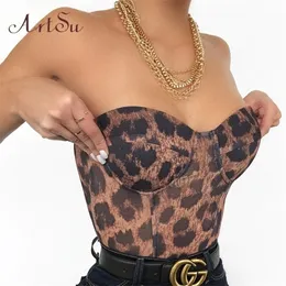 Artsu Leopard Imprimir Sexy Strapless Colheita Top Party Club Mulheres Tops off Ombro Zipper Bustier Tube Verão 220325