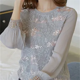 女性ロングスリーブシャツ女性花柄の刺繍oネックレースシフォンブラウスBlusa Ladies Casual Shirt Tops DF2289 220623