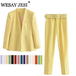 Wesay jesi kvinnors kontor kostym mode blazer pantsuit enkel fast färg krage långärmad + byxor 2 stycke set w220331