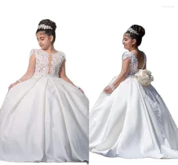 Girl Dresses Girl's Princess Flower For Weddings Lace Applique Sheer Long Sleeves Ball Jurk Puffy Backless Girls Birthday Dressgirl's
