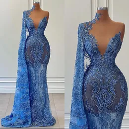 Baby Blue Mermaid One Shoulder Illusion Se genom Prom Dresses Evening Dress Custom Made Lace Sequined Women Formal Celebrity Party Gown