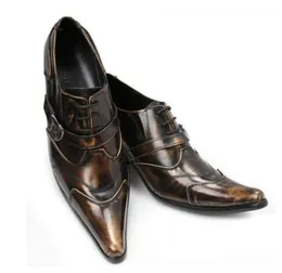 Klänningskor Vintage Men Pointy Toe Buckle Lace Up Oxfords British Heel äkta Leather Brogue Wingtip Business Plus Size 2023