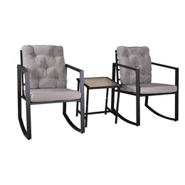 Dining Room Furniture 3 Pieces Patio Furniture Outdoor Bistro Conversation Sets with Metal Rocking Chairs and Glass Coffee Table Gray