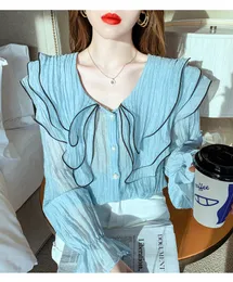 Новый дизайн женский многослойный оборки рубашка с длинным рукавом шифоновый одиночный грудь Sunsreen Blouose Tops
