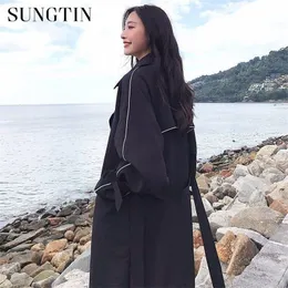 sungtinブランドの新しいファッション女性長いトレンチコート春の秋コート黒女性シックダブル胸部アウトウェアT200805