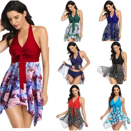 Fashion Women Swimwear Summer Halter Chiffon Dress and Briefs 2 Piece Outfits Sexy Bikini Suit Floral Printed One-piece Swimsuit Lady Beach Covered