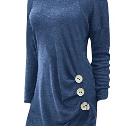 wipalo女性ファッションサイドボタンディテールプラスサイズTシャツoネック長袖カジュアルソリッドチュニックティーレディースティートップビッグサイズ5xl T200319
