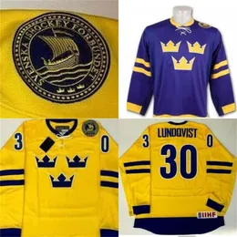 CeoMit Herren #30 Henrik Lundqvist Handbemaltes Schweden-Trikot Gelb Lila 100 % genähte Stickerei-Hockey-Trikots