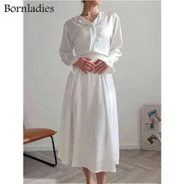 Bornladies 2022 Salia de cetim elegante conjuntos de mulheres de alta qualidade Camisas de manga de lanterna Uma linha de linhas de traje de traje de traje de primavera T220729