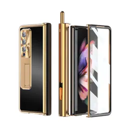 4 in 1 Metallständer Hüllen für Samsung Galaxy Z Fold 3 Fold 4 5G Hülle Glasfolie Displayschutzfolie Scharnier Stiftschlitz Harte Abdeckung