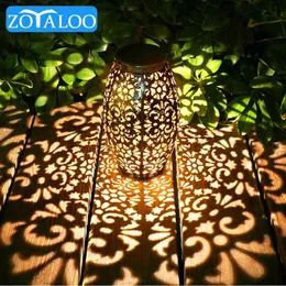 Zoyaloo Led retro bahçe güneş lambası metal içi boş gölge projeksiyonu asma fener açık aydınlatma su geçirmez manzara ışık j220531