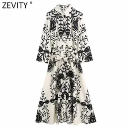 Zevity kadınlar vintage siyah totem baskı yay kanatları gömlek elbise kadın şık üç çeyrek kollu rahat ince midi vestidos ds8640 220713