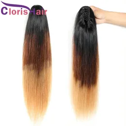 Colored Blonde Claw On Straight Ponytails 1B/4/27 Ombre Human Hair Brazilian Virgin Clip In Ponytail Extension Hairpieces For Black Women