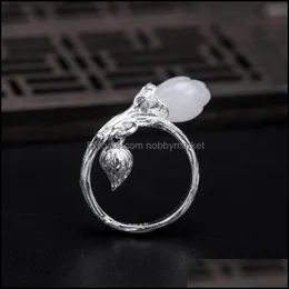 Band Rings Jewelry Vla 925 Sterling Sier Creative Design White Jade Magnolia Ring Womens Adjustable Size National Style Drop Delivery 2021 C