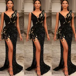 Mermaid Dresses Black Evening 2022 Floor Length Sparkly Sequins Sexy V Neck Side Slit Feather Custom Made Prom Party Gown Vestidos estidos