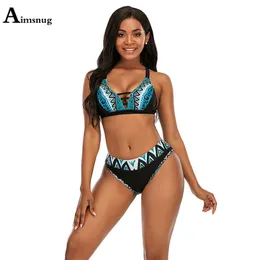 Baju Renang set bikini wanita ucuran besar 5xl seksi bertali leher v dua potong pakaian crop top baru patchwork 3d baju renang 220613