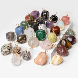 Irregular Natural Ore Stone Charms Pendant Wire Wrapped Polished Agates Raw Quartz Crystal Charms for Jewelry Making DIY Necklace